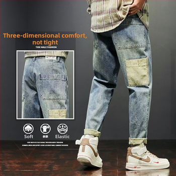 Muške traperice patchwork, distres, retro stil, korejski dizajn, casual i radni stil, ravna nogavica