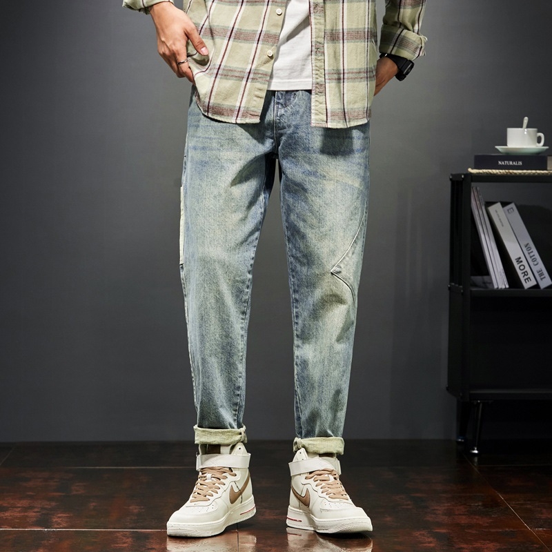 Muške traperice patchwork, distres, retro stil, korejski dizajn, casual i radni stil, ravna nogavica