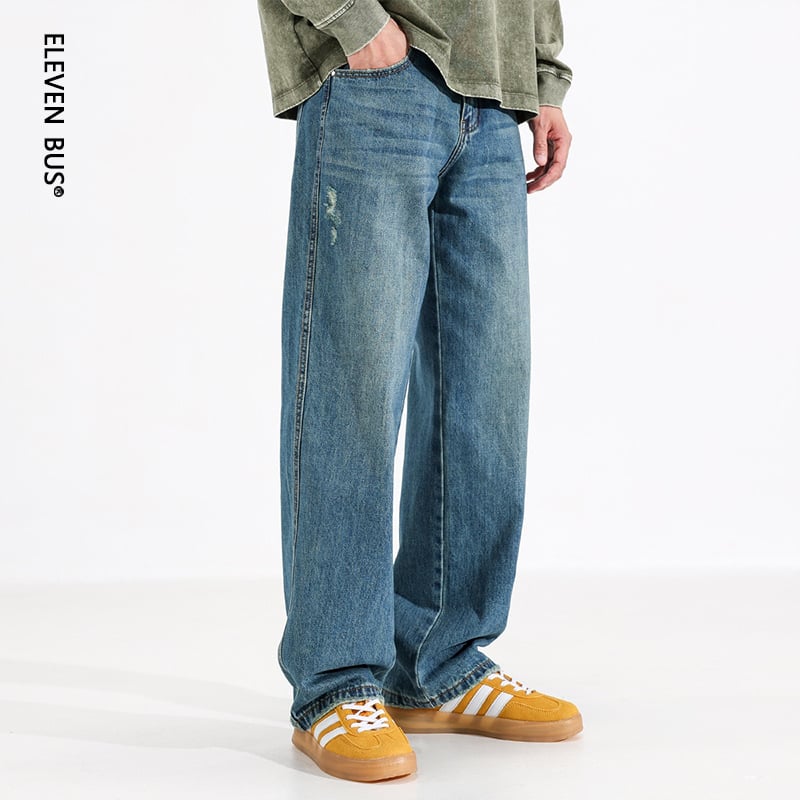 Američke plave ravne muške traperice, ljeto 2025, vintage isprani denim, srednji pojas, zatvarač, ravni kroj