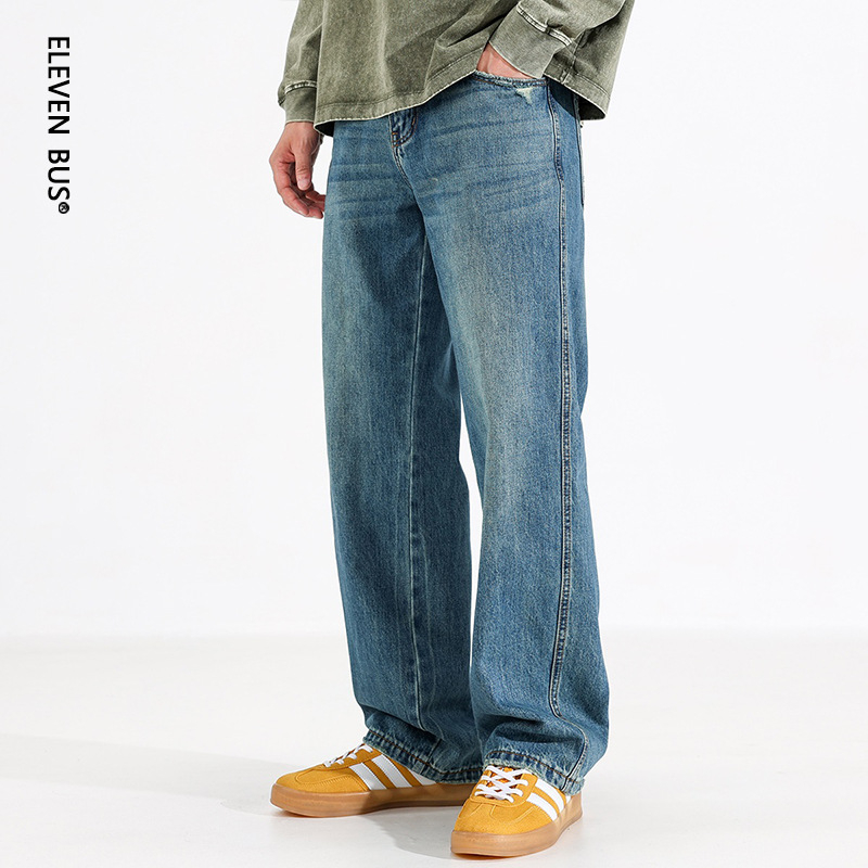 Američke plave ravne muške traperice, ljeto 2025, vintage isprani denim, srednji pojas, zatvarač, ravni kroj