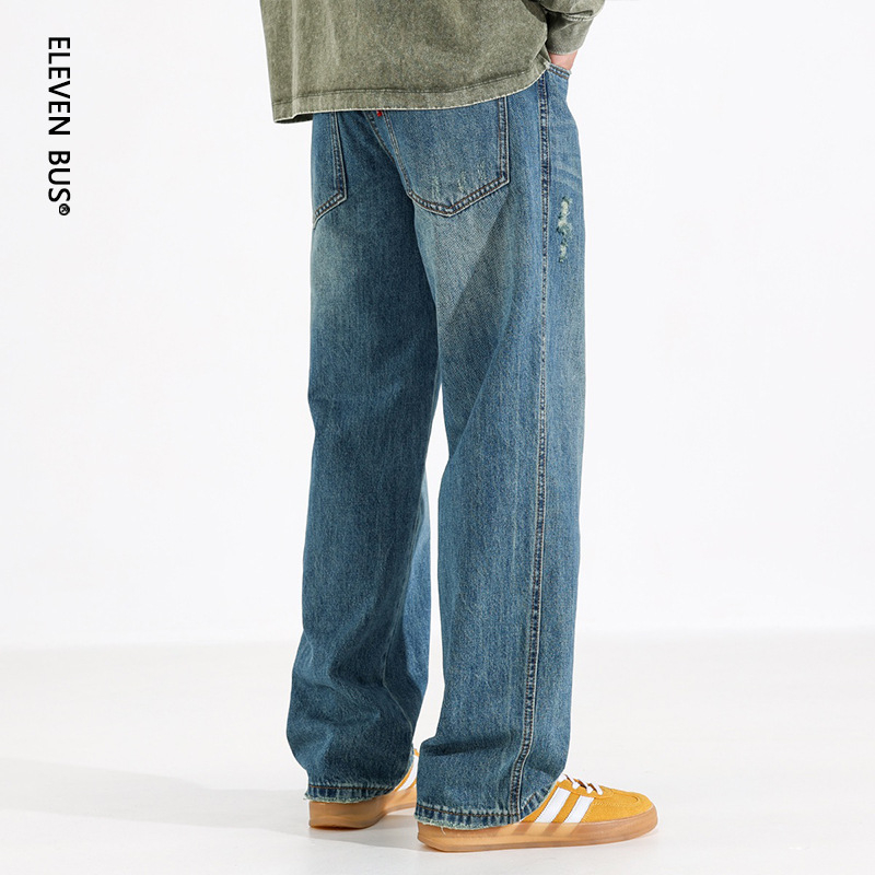 Američke plave ravne muške traperice, ljeto 2025, vintage isprani denim, srednji pojas, zatvarač, ravni kroj