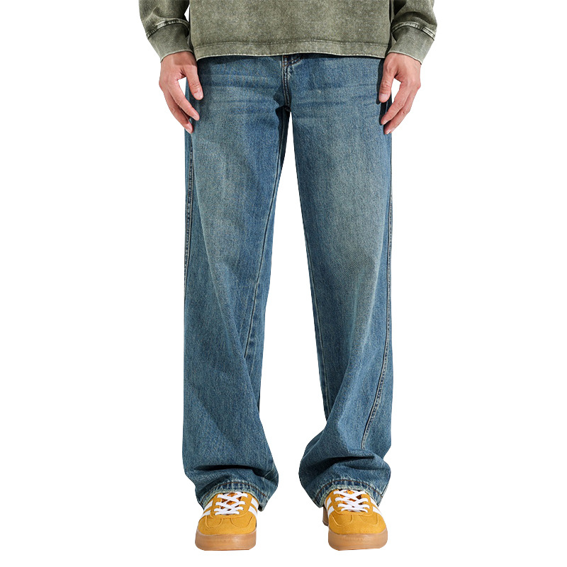 Američke plave ravne muške traperice, ljeto 2025, vintage isprani denim, srednji pojas, zatvarač, ravni kroj