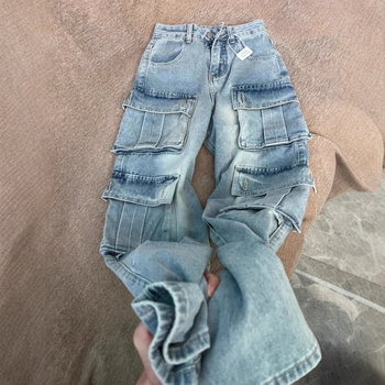 Мъжки дънки в стил винтидж, американски workwear, свободен силует, висока талия, множество джобове, широки крачоли, дълги до пода