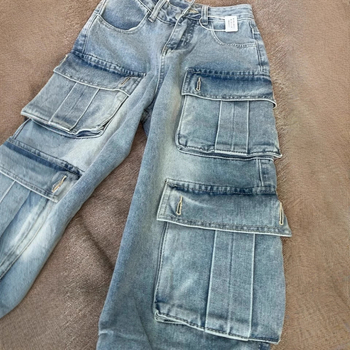 Мъжки дънки в стил винтидж, американски workwear, свободен силует, висока талия, множество джобове, широки крачоли, дълги до пода
