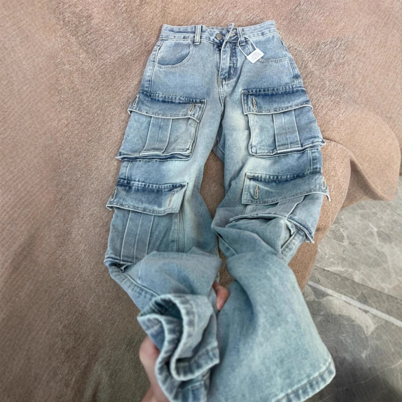 Мъжки дънки в стил винтидж, американски workwear, свободен силует, висока талия, множество джобове, широки крачоли, дълги до пода