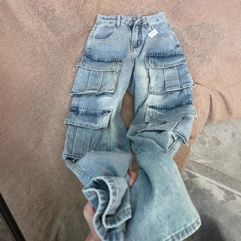 Мъжки дънки в стил винтидж, американски workwear, свободен силует, висока талия, множество джобове, широки крачоли, дълги до пода