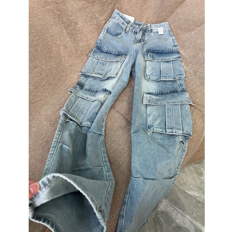 Мъжки дънки в стил винтидж, американски workwear, свободен силует, висока талия, множество джобове, широки крачоли, дълги до пода