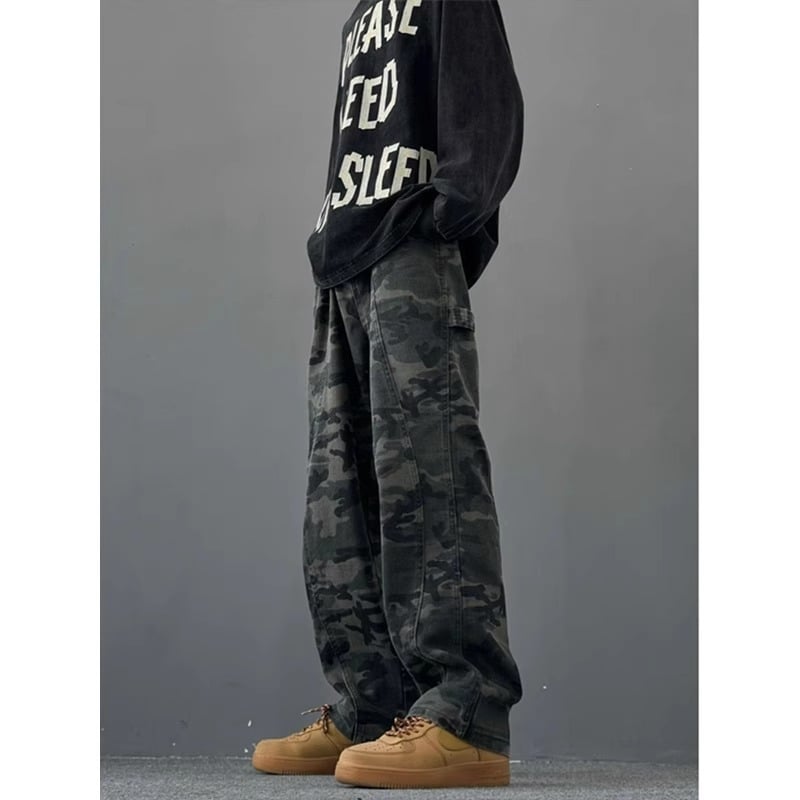 Férfiaknak szóló amerikai kamuflázs mintázatú farmer, retro streetwear stílus, egyenes szabás, mindennapi sportos nadrág tavaszra és őszre