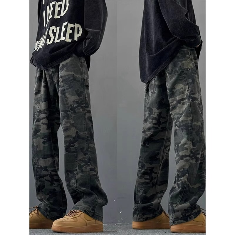 Férfiaknak szóló amerikai kamuflázs mintázatú farmer, retro streetwear stílus, egyenes szabás, mindennapi sportos nadrág tavaszra és őszre