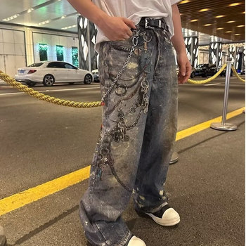 Muške traperice s 3D printom uzorka lanaca, istrošene, širokih nogavica, jesenji streetwear.