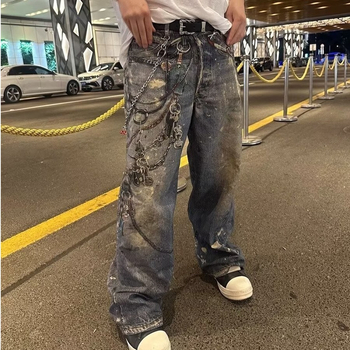 Muške traperice s 3D printom uzorka lanaca, istrošene, širokih nogavica, jesenji streetwear.