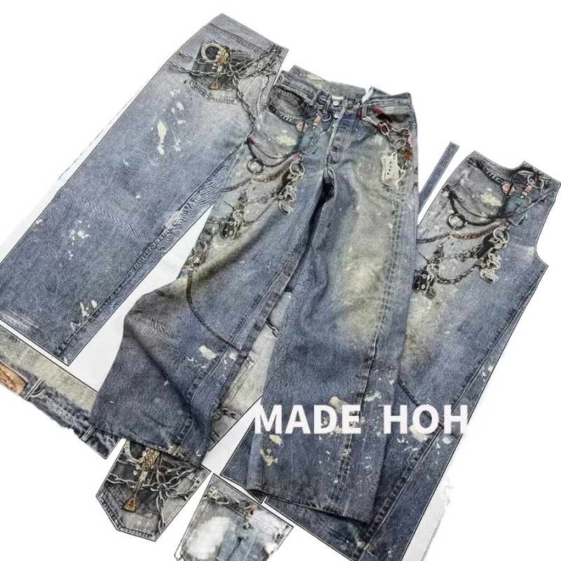 Muške traperice s 3D printom uzorka lanaca, istrošene, širokih nogavica, jesenji streetwear.