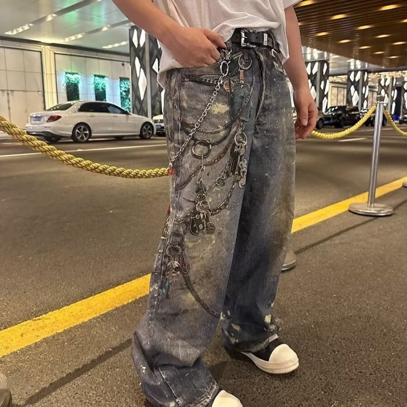 Muške traperice s 3D printom uzorka lanaca, istrošene, širokih nogavica, jesenji streetwear.