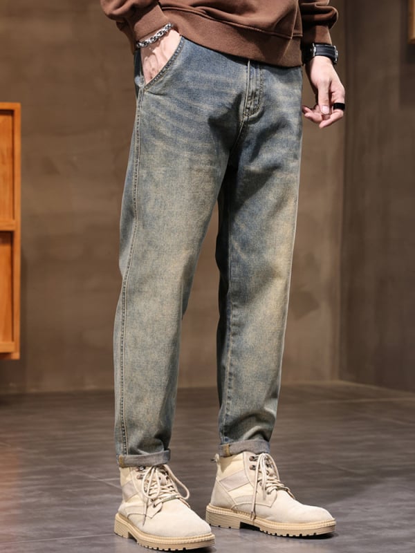 Férfi denimnadrág egyenes szabásban, laza illeszkedés, retro amerikai stílus, mindennapi viseletre alkalmas, 2025 modell