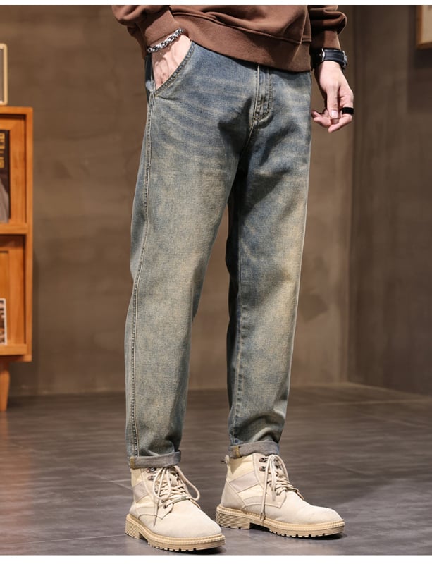 Férfi denimnadrág egyenes szabásban, laza illeszkedés, retro amerikai stílus, mindennapi viseletre alkalmas, 2025 modell