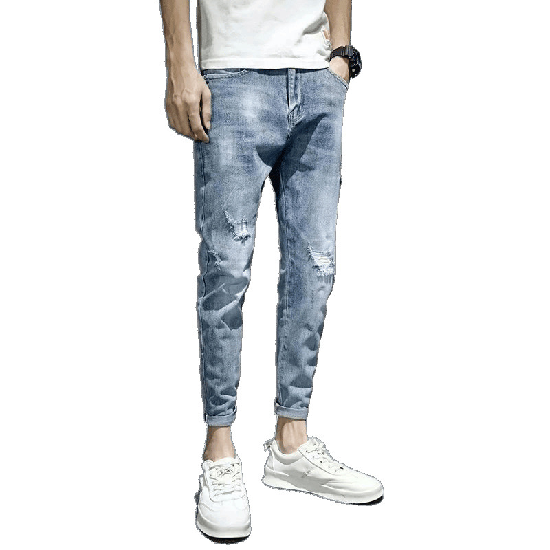 Muške traperice 2025: lagane ljetne denim, korejski stil, uski kroj s blagim suženjem, svijetloplave, casual elastične hlače