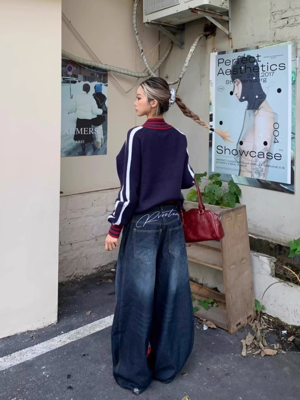 Muške traperice u američkom stilu širokih nogavica s krojem inspiriranim šablom, retro street dizajn za proljeće i jesen, oprano završavanje, ravni kroj, dugačke