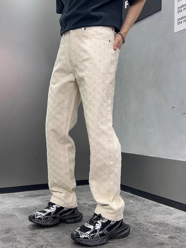 Férfi jacquard farmer szakadt részletekkel, vintage teljes mintázat, lazán szabott egyenes farmer