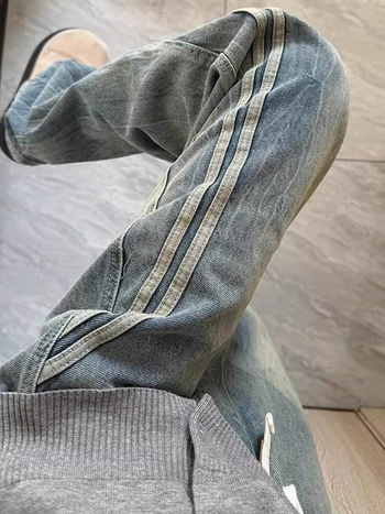Férfi denim nadrág, amerikai stílus, csíkos patchwork, laza szabás, egyenes szár, vintage hatás, tavasz–ősz