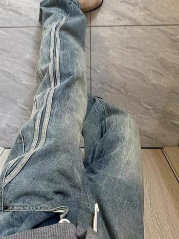 Férfi denim nadrág, amerikai stílus, csíkos patchwork, laza szabás, egyenes szár, vintage hatás, tavasz–ősz