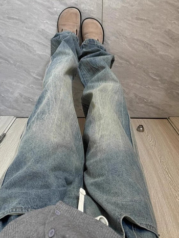 Férfi denim nadrág, amerikai stílus, csíkos patchwork, laza szabás, egyenes szár, vintage hatás, tavasz–ősz