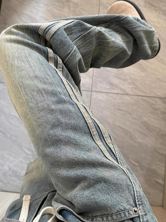 Férfi denim nadrág, amerikai stílus, csíkos patchwork, laza szabás, egyenes szár, vintage hatás, tavasz–ősz
