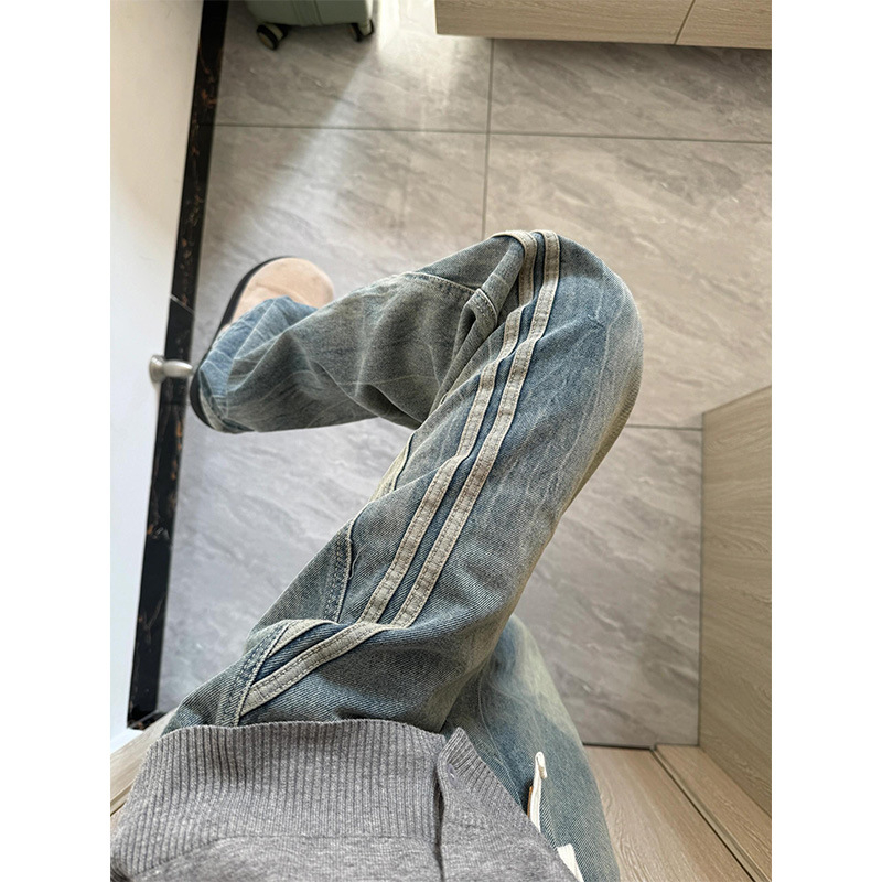 Férfi denim nadrág, amerikai stílus, csíkos patchwork, laza szabás, egyenes szár, vintage hatás, tavasz–ősz