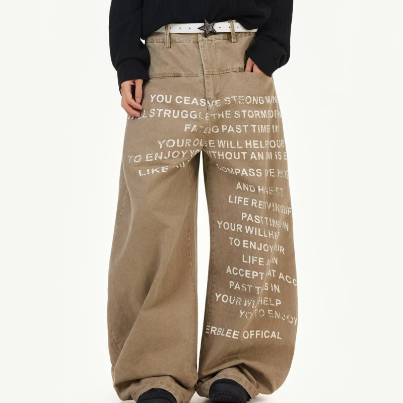 Muške traperice s printom slova u američkom retro stilu, straight kroj, neobrađeni rub, premium niša stil