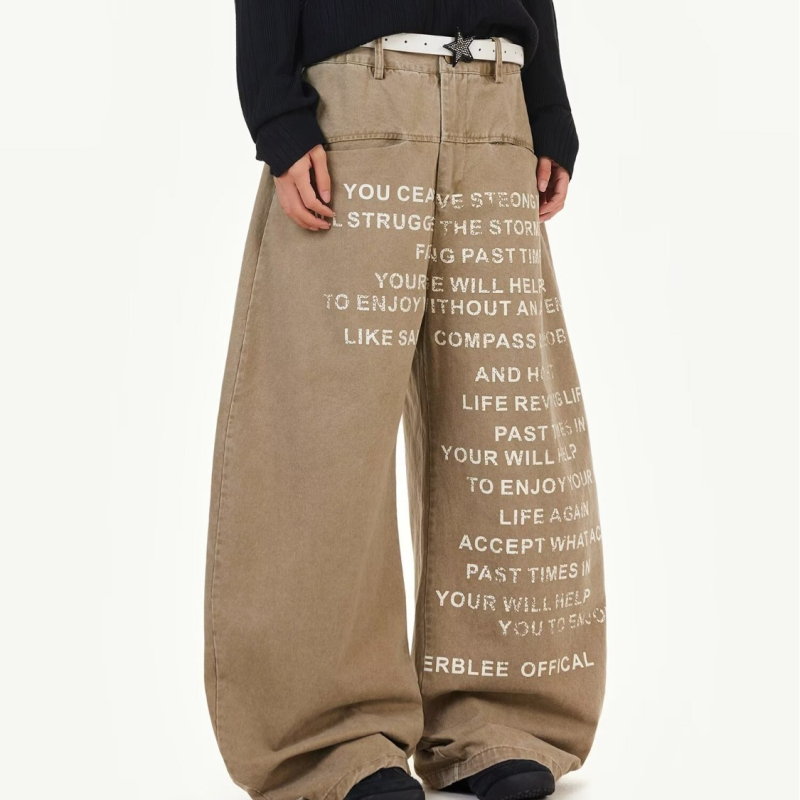 Muške traperice s printom slova u američkom retro stilu, straight kroj, neobrađeni rub, premium niša stil