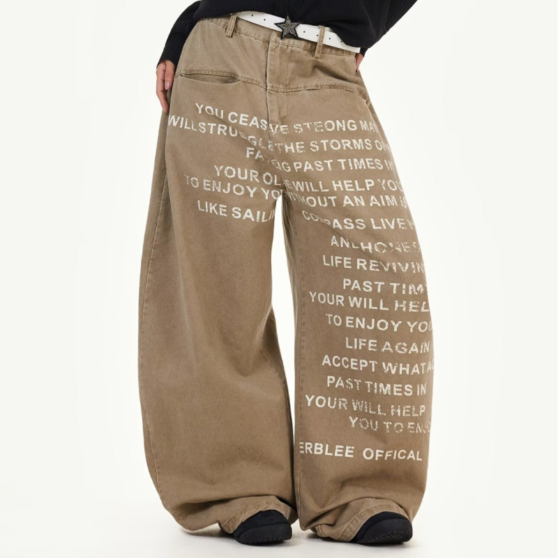 Muške traperice s printom slova u američkom retro stilu, straight kroj, neobrađeni rub, premium niša stil