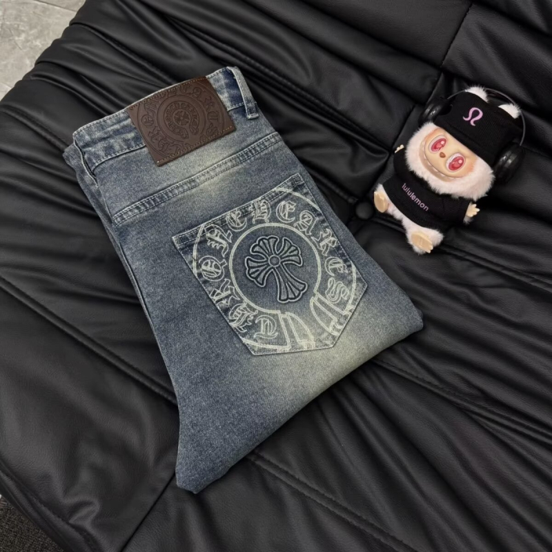 Muške traperice s križnim motivom i blok boja, oprane, elastične, slim-fit, ravne nogavice, casual hlače