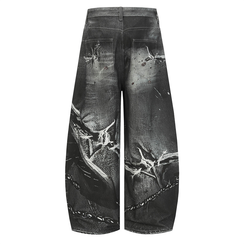 Винтажни дънки с верижен принт, свободен силует, 100% памук, пролетни ежедневни дълги панталони