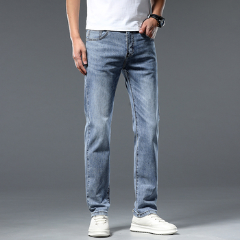 Мъжки дънки с бродерия от деним, прав крак, свободна кройка, прани ефекти