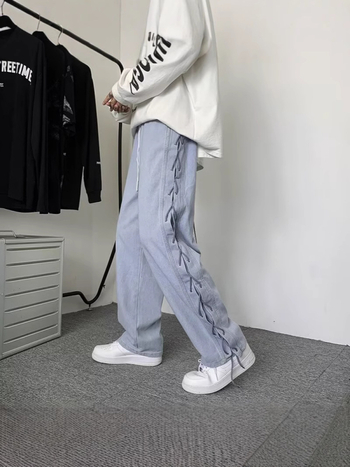 Muške traperice visokog uličnog stila, opuštenog pravog kroja, dizajn s panelima, pamuk denim, jesenski casual stil