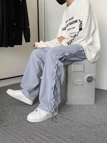 Muške traperice visokog uličnog stila, opuštenog pravog kroja, dizajn s panelima, pamuk denim, jesenski casual stil