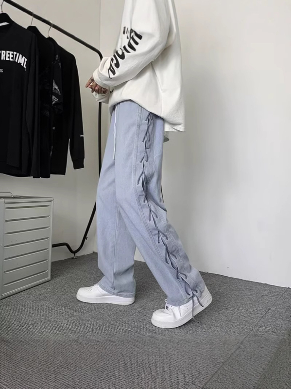 Muške traperice visokog uličnog stila, opuštenog pravog kroja, dizajn s panelima, pamuk denim, jesenski casual stil