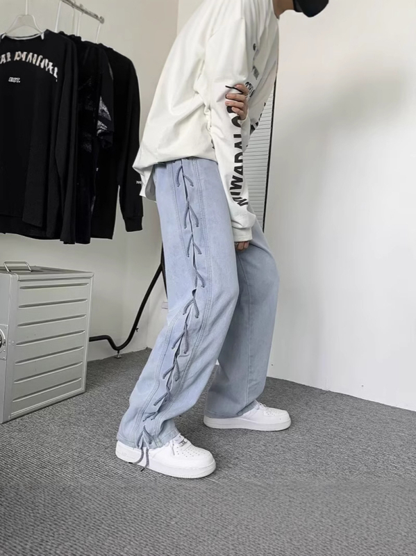 Muške traperice visokog uličnog stila, opuštenog pravog kroja, dizajn s panelima, pamuk denim, jesenski casual stil