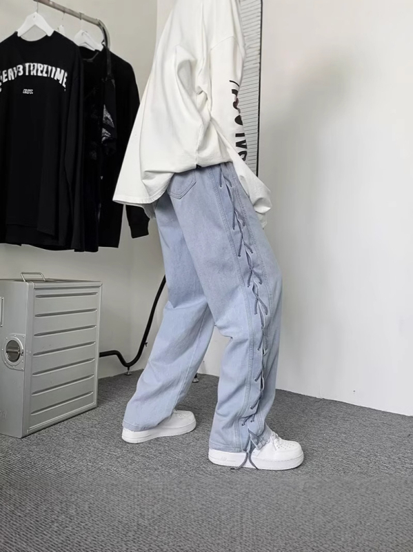 Muške traperice visokog uličnog stila, opuštenog pravog kroja, dizajn s panelima, pamuk denim, jesenski casual stil