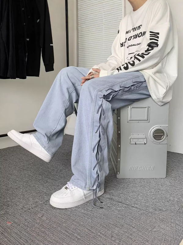 Muške traperice visokog uličnog stila, opuštenog pravog kroja, dizajn s panelima, pamuk denim, jesenski casual stil