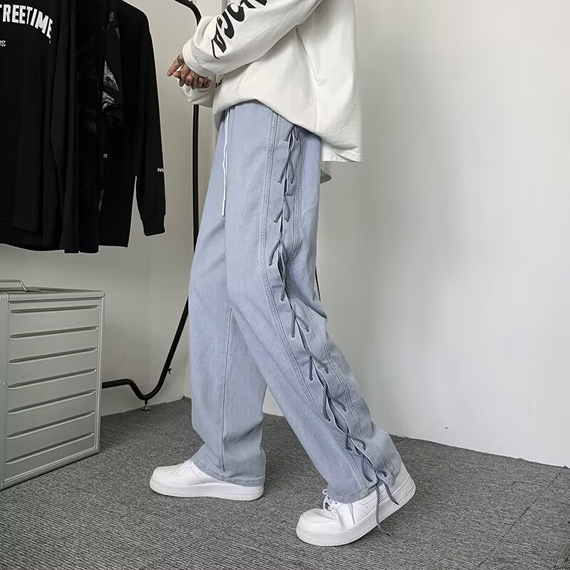 Muške traperice visokog uličnog stila, opuštenog pravog kroja, dizajn s panelima, pamuk denim, jesenski casual stil