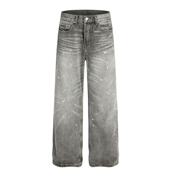 FX085 Amerikai High Street retro uniszex farmernadrág denim, mosott szürke, tintaszórásos vintage dizájn, laza szabás