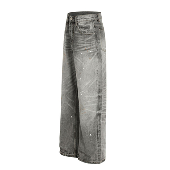 FX085 Amerikai High Street retro uniszex farmernadrág denim, mosott szürke, tintaszórásos vintage dizájn, laza szabás