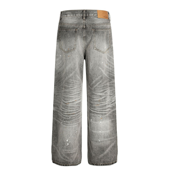 FX085 Amerikai High Street retro uniszex farmernadrág denim, mosott szürke, tintaszórásos vintage dizájn, laza szabás
