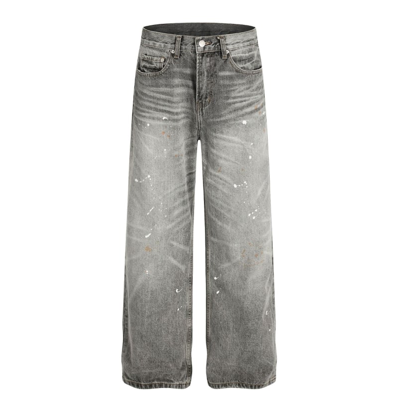 FX085 Amerikai High Street retro uniszex farmernadrág denim, mosott szürke, tintaszórásos vintage dizájn, laza szabás