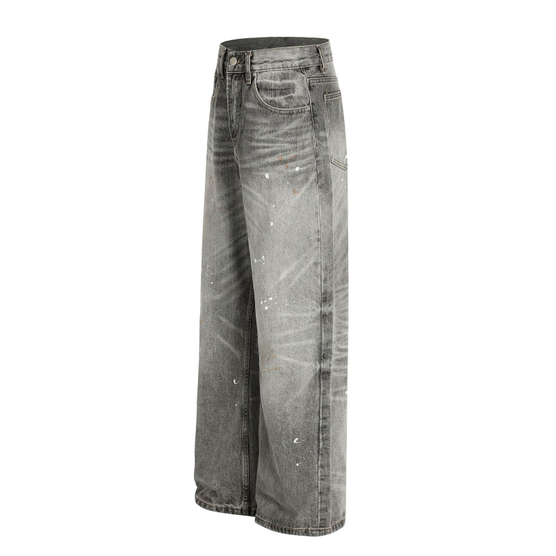 FX085 Amerikai High Street retro uniszex farmernadrág denim, mosott szürke, tintaszórásos vintage dizájn, laza szabás