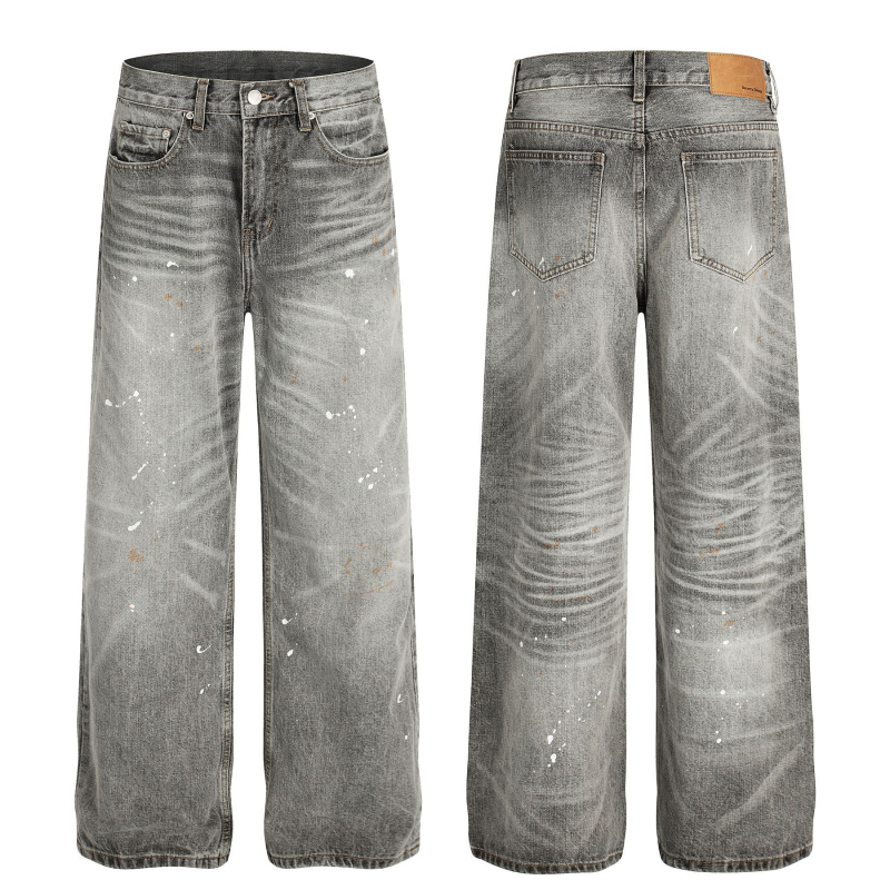 FX085 Amerikai High Street retro uniszex farmernadrág denim, mosott szürke, tintaszórásos vintage dizájn, laza szabás