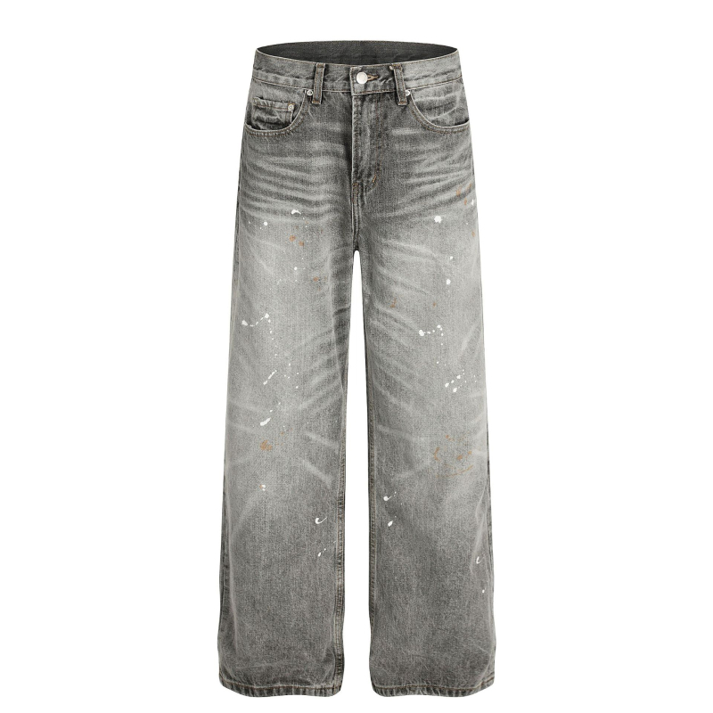 FX085 Amerikai High Street retro uniszex farmernadrág denim, mosott szürke, tintaszórásos vintage dizájn, laza szabás