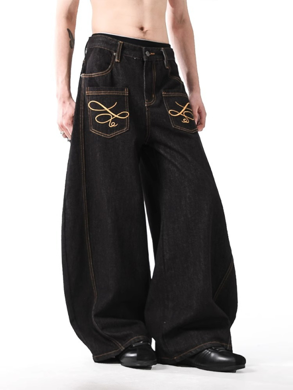 Traperice s izvezenim dizajnom, vintage američki stil, baggy široke nogavice, unisex