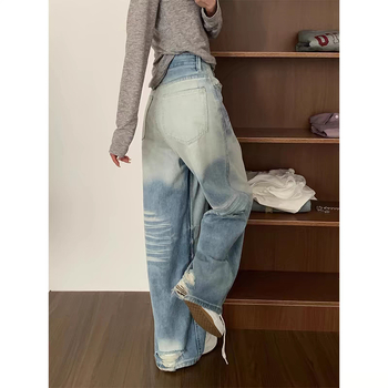 Po narudžbi unisex traperice s širokim krojem, retro isprane, motiv mačjih brkova, duljina do poda, vizualno produljuju noge