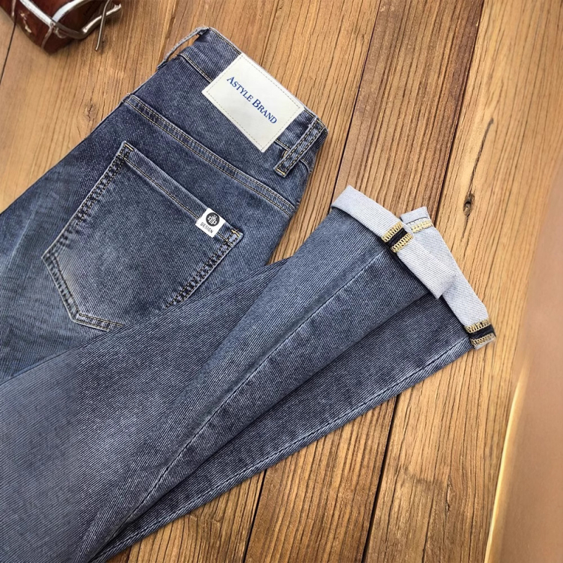 Muške plave elastične traperice sa printom, slim-fit, za jesen